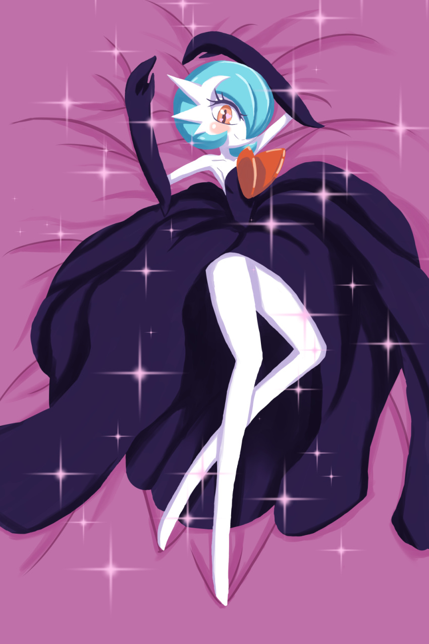 alternate_color arms_up bed black_dress black_gloves blue_hair bob_cut colored_skin dress elbow_gloves feyntan gardevoir gloves hair_over_one_eye highres looking_at_viewer lying mega_gardevoir mega_pokemon on_back orange_eyes pokemon pokemon_(creature) shiny_pokemon smile sparkle strapless strapless_dress white_skin