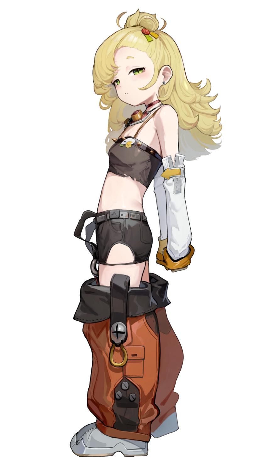 absurdres black_shorts blonde_hair closed_mouth female full_body green_eyes highres long_hair looking_at_viewer midriff orange_pants pants piper_wheel shoes shorts simple_background solo somray standing white_background white_footwear white_sleeves zenless_zone_zero