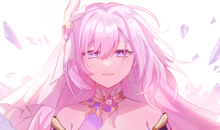 bare_shoulders chinese_commentary commentary_request elysia_(herrscher_of_human:_ego)_(honkai_impact) elysia_(honkai_impact) faber_fubei female hair_between_eyes hair_ornament highres honkai_(series) honkai_impact_3rd long_hair looking_at_viewer pink_hair portrait purple_eyes simple_background smile solo very_long_hair white_background