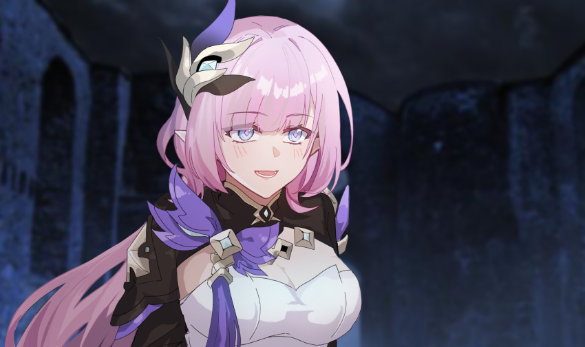 :d absurdres blue_eyes breasts chinese_commentary cleavage commentary_request elysia_(honkai_impact) elysia_(miss_pink_elf)_(honkai_impact) faber_fubei female hair_ornament highres honkai_(series) honkai_impact_3rd large_breasts long_hair open_mouth pink_hair pointy_ears shirt shrug_(clothing) smile solo strapless strapless_shirt upper_body very_long_hair white_shirt