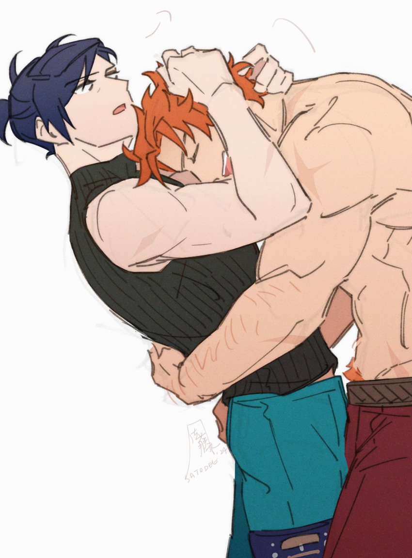 2boys abs absurdres aqua_pants arm_hair arms_around_waist back black_shirt blue_hair closed_eyes commentary cowboy_shot dark_blue_hair dated english_commentary felix_hugo_fraldarius fire_emblem fire_emblem:_three_houses from_side groin hands_on_another's_head highres hug looking_at_another male_focus male_pubic_hair multiple_boys multiple_scars open_mouth orange_hair pants ponytail pubic_hair red_pants satodee scar scar_on_arm scar_on_neck scar_on_shoulder shirt short_hair short_ponytail shoulder_blades signature simple_background sleeveless sleeveless_turtleneck sylvain_jose_gautier teeth tongue topless_male turtleneck twitter_username upper_teeth_only wavy_hair white_background yaoi