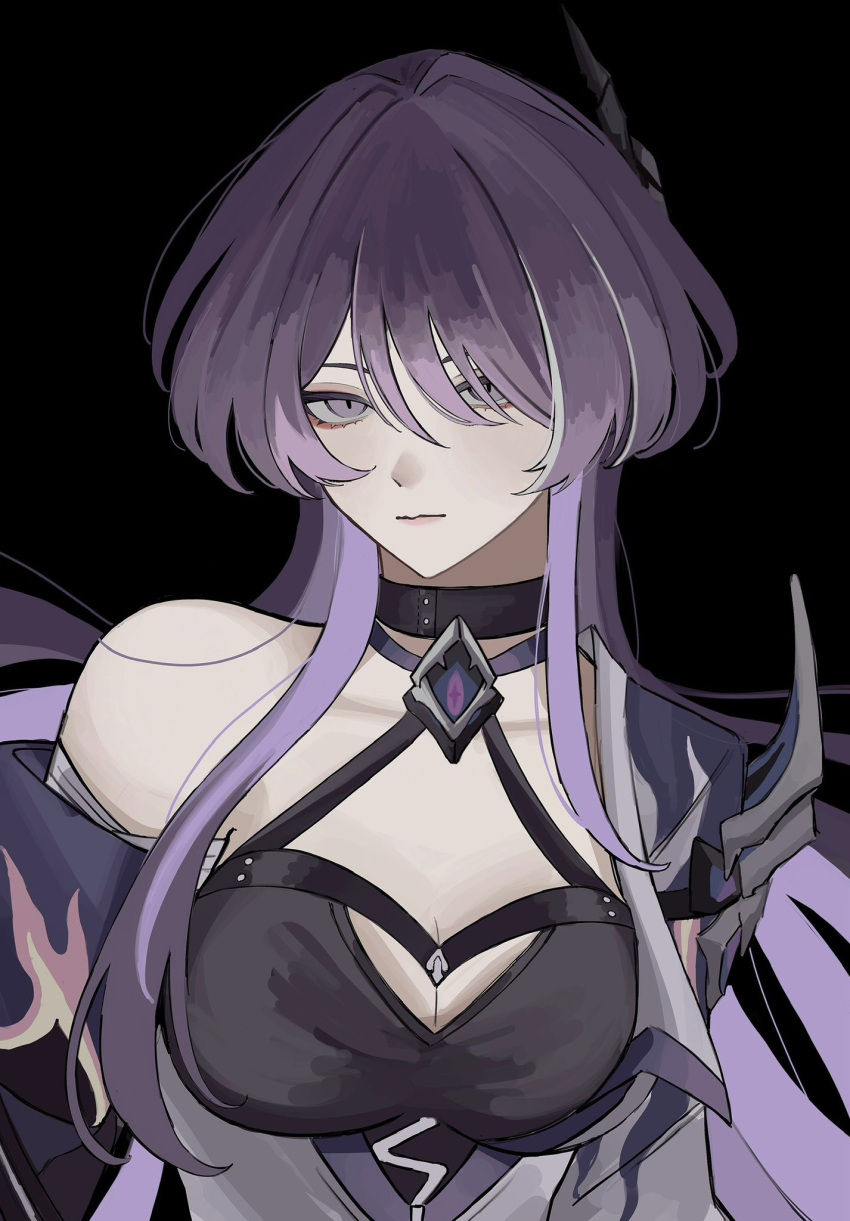 acheron_(honkai:_star_rail) armor black_background black_choker black_shirt breasts choker cleavage closed_mouth collarbone criss-cross_halter crop_top female hair_ornament hair_over_one_eye halterneck highres honkai:_star_rail honkai_(series) jacket large_breasts looking_at_viewer mochi_yuki_gen multicolored_hair purple_eyes purple_hair shirt shoulder_armor simple_background single_bare_shoulder solo streaked_hair upper_body white_jacket