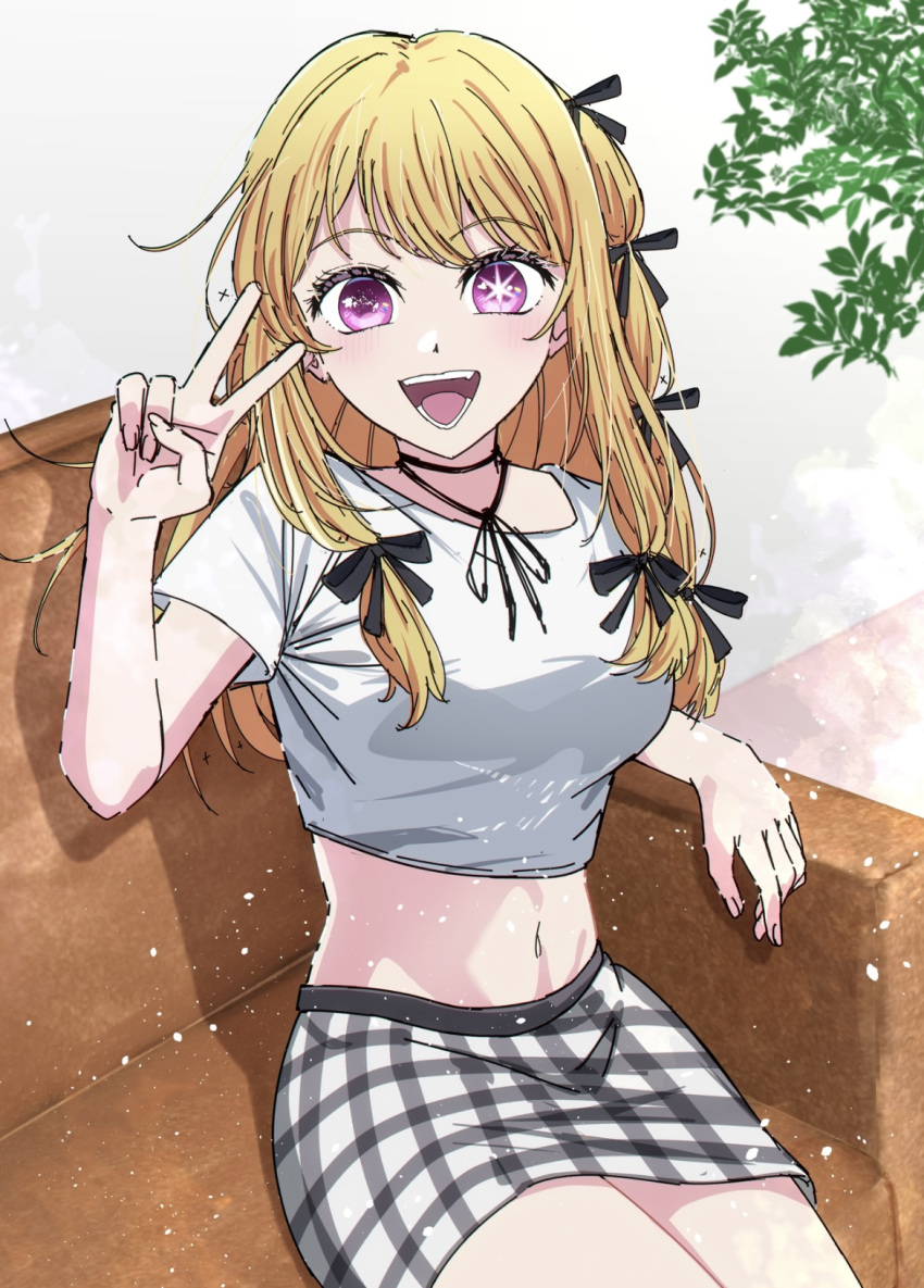 anju_(artist) black_ribbon blonde_hair blush breasts choker commentary_request crop_top female grey_skirt hair_ribbon highres hoshino_ruby long_hair looking_at_viewer medium_breasts midriff mismatched_pupils no_pupils one_side_up open_mouth oshi_no_ko pink_eyes plaid_clothes plaid_skirt ribbon ribbon_choker shirt skirt solo star-shaped_pupils star_(symbol) symbol-shaped_pupils teeth v white_shirt white_skirt