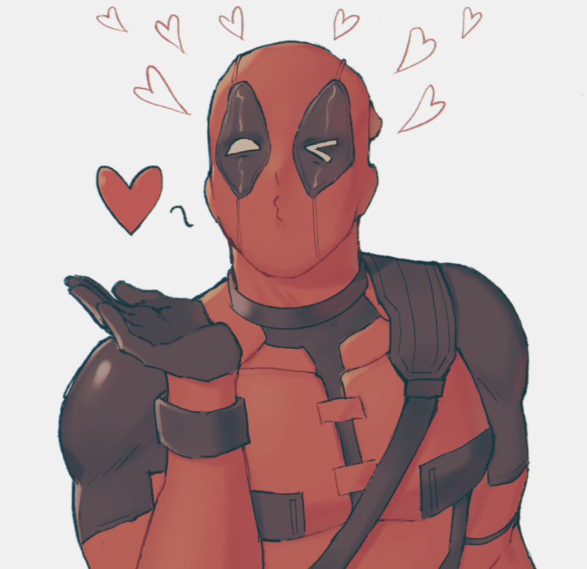 1boy animification blowing_kiss bodysuit commentary deadpool deadpool_&_wolverine deadpool_(series) gloves hand_up heart highres implied_yaoi male_focus marvel marvel_cinematic_universe mask millanyy puckered_lips red_bodysuit superhero_costume symbol-only_commentary two-tone_bodysuit