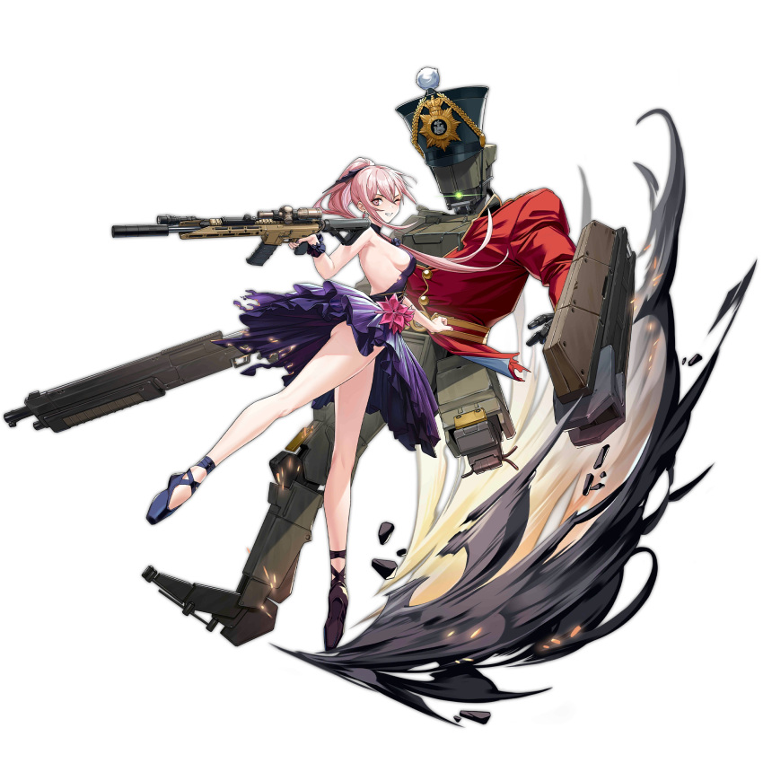 1other amputee arabesque_(pose) arm_shield armpits ass assault_rifle backless_outfit ballerina ballet ballet_slippers black_choker black_dress black_nails breasts choker christmas clothed_robot coat cyclops_(girls'_frontline) debris dress dress_flower earrings en_pointe english_text female flower full_body girls'_frontline glowing glowing_eye green_eyes grin gun hat highres holding holding_gun holding_weapon humanoid_robot jewelry kcco_(girls'_frontline) large_breasts leotard leotard_peek long_hair looking_at_viewer military_hat nutcracker official_alternate_costume official_art one-eyed one_eye_closed pink_eyes pink_flower pink_hair purple_dress r5_(girls'_frontline) r5_(pas_de_deux)_(girls'_frontline) red_coat remington_r5_rgp rifle robot scope scrunchie shield shotgun sideboob simple_background smile smoke_trail spaghetti_strap standing standing_on_one_leg the_steadfast_tin_soldier third-party_source torn_clothes torn_dress transparent_background tutu two-tone_dress weapon wrist_scrunchie yitiao_er-hua