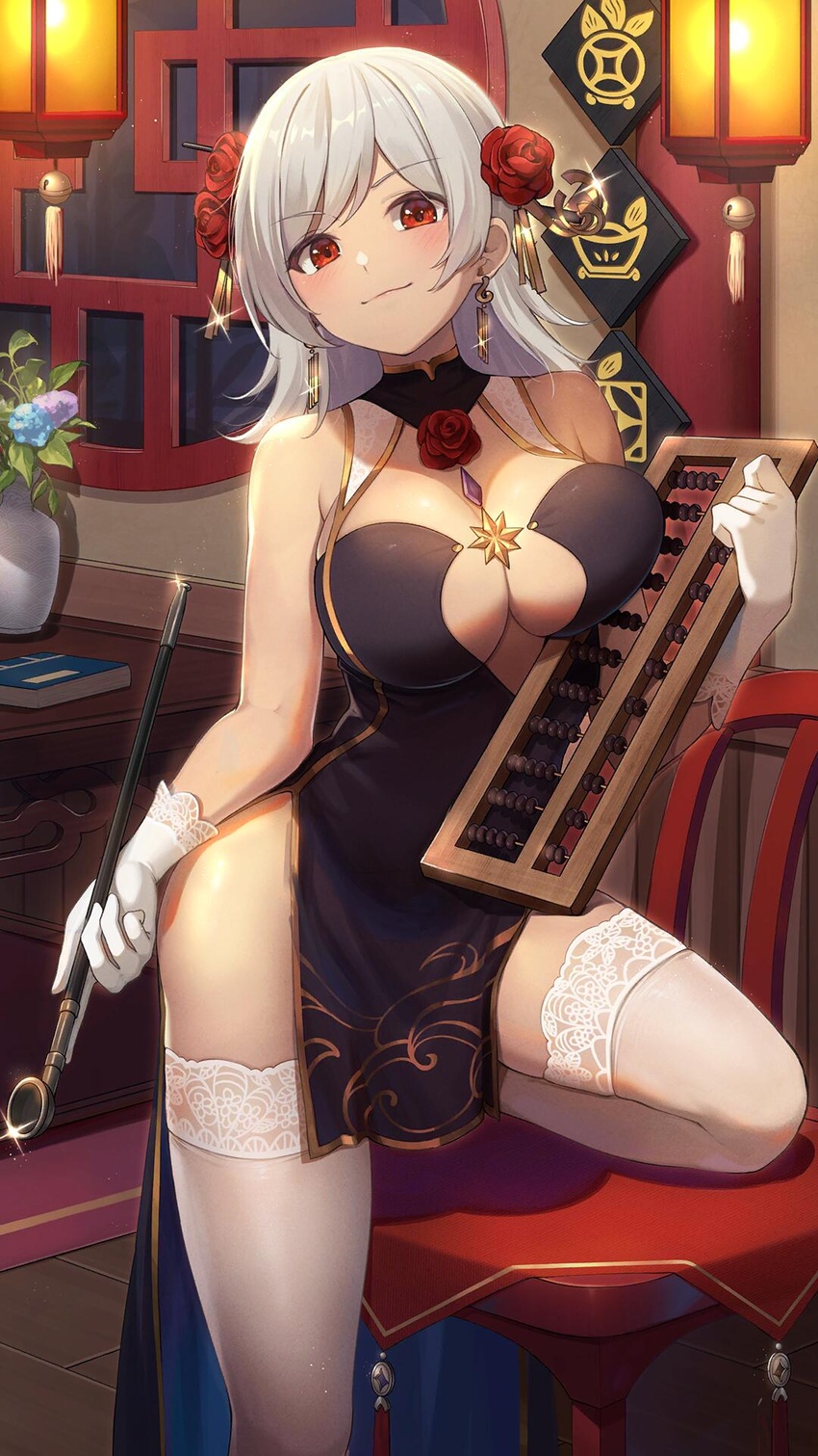 abacus bare_arms bare_shoulders black_dress breasts center_opening chair china_dress chinese_clothes cleavage dress earrings female flower girl_cafe_gun gloves gold_trim hair_flower hair_ornament highres holding indoors jewelry kiseru lantern large_breasts lattice lida_romero long_hair looking_at_viewer official_art pelvic_curtain red_eyes rose sleeveless sleeveless_dress smile smoking_pipe solo super_zombie thighhighs thighs variant_set white_gloves white_hair white_thighhighs