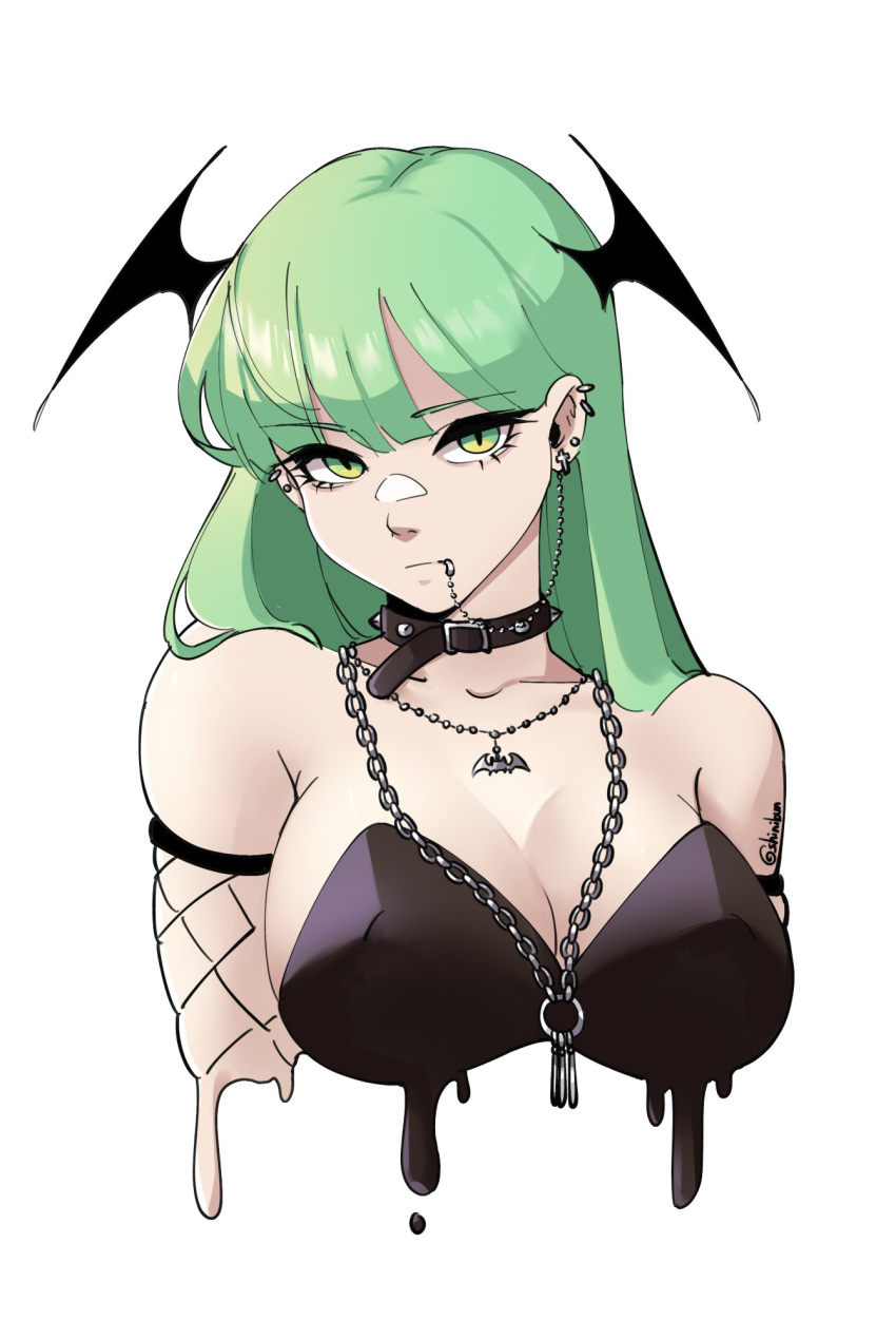 alternate_costume bat_necklace black_collar black_leotard breasts collar collarbone ear_piercing elbow_gloves english_commentary female fishnet_gloves fishnets gloves green_eyes green_hair hair_behind_ear head_tilt head_wings highres jewelry large_breasts leotard linked_piercing lip_piercing liquid long_hair looking_at_viewer morrigan_aensland necklace piercing portrait shinibun solo twitter_username vampire_(game) white_background wings