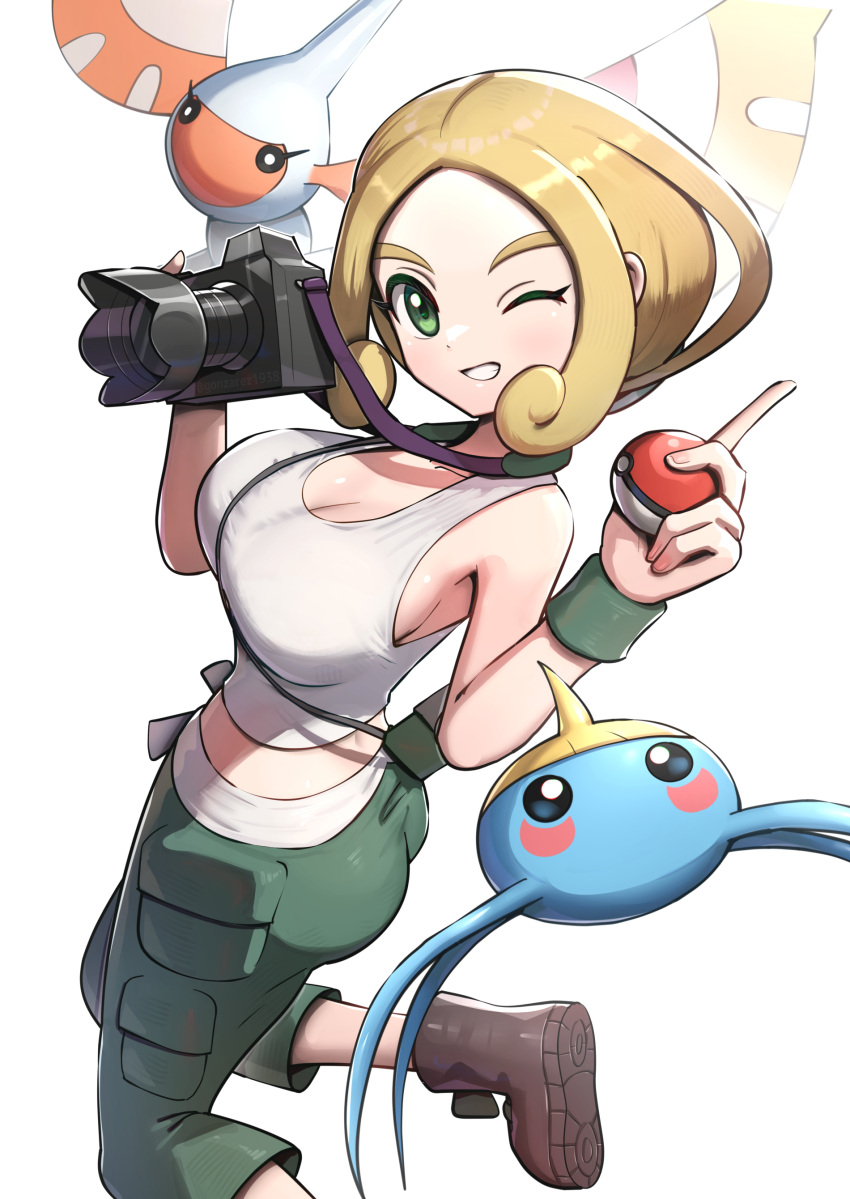 absurdres ass bare_arms bare_shoulders blonde_hair boots breasts bug camera capri_pants cargo_pants cleavage commentary_request crop_top dot_nose dutch_angle female from_side glint gonzarez green_eyes green_pants grin highres holding holding_camera holding_poke_ball index_finger_raised large_breasts looking_at_viewer looking_to_the_side masquerain midriff moth one_eye_closed pants parted_bangs poke_ball poke_ball_(basic) pokemon pokemon_(creature) pokemon_xy shirt short_hair silk sleeveless sleeveless_shirt smile standing standing_on_one_leg strap surskit tank_top thick_eyebrows viola_(pokemon) white_tank_top wristband