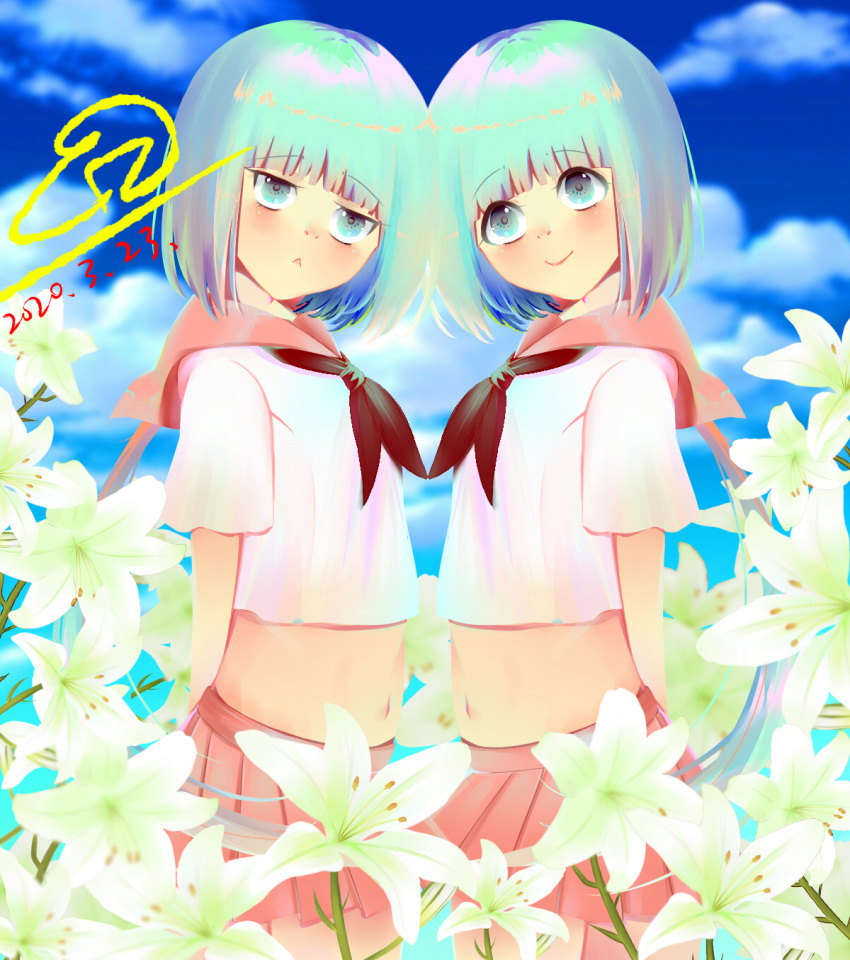 2girls blue_eyes blue_hair blue_sky cloud dated flower highres lily_(flower) liz. midriff multiple_girls navel original self-upload short_hair sky smile