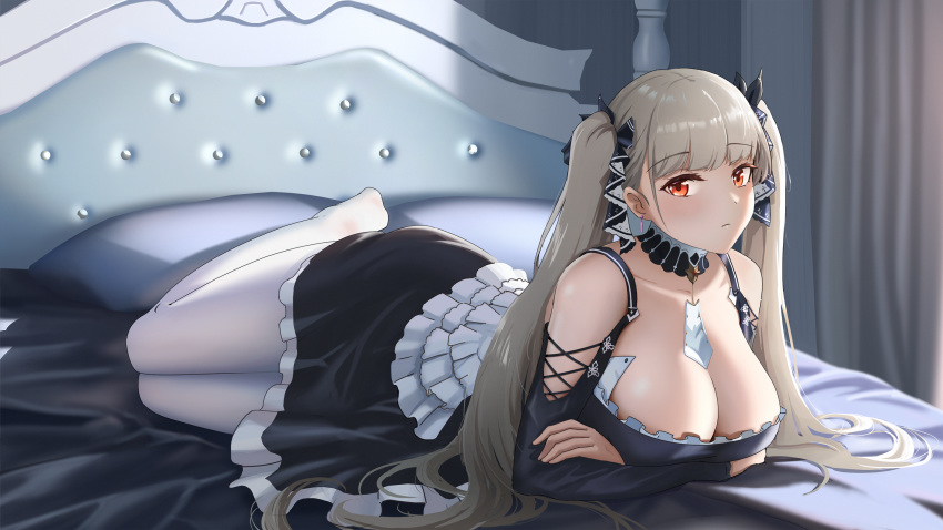 azur_lane bare_shoulders bed_frame between_breasts black_bow black_dress blanket blush bow breasts brown_hair cleavage closed_mouth clothing_cutout commentary_request curtains detached_collar dress expressionless female formidable_(azur_lane) frilled_dress frills full_body gan-viking hairbow highres indoors large_breasts long_hair long_sleeves looking_at_viewer on_bed pantyhose pillow red_eyes shoulder_cutout solo twintails very_long_hair white_pantyhose