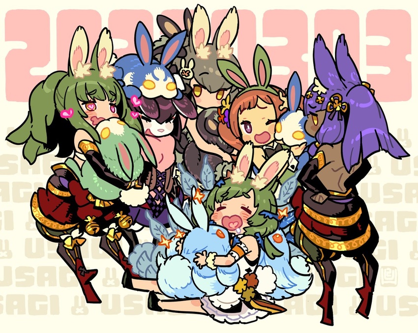 +_+ 6+girls :d ;d animal_ear_fluff animal_ears animal_hug animal_on_head backless_outfit blush brown_hair bunny_(sekaiju_s) closed_eyes dark-skinned_female dark_skin dated detached_sleeves furry furry_female geta green_hair heart heart-shaped_mouth heart-shaped_pupils heart_in_mouth himukai_yuuji jenetta masurao_(sekaiju) masurao_2_(sekaiju) masurao_4_(sekaiju) mononofu_(sekaiju) mononofu_4_(sekaiju) monster multiple_girls on_head one_eye_closed purple_eyes purple_hair rabbit rabbit_day rabbit_ears rabbit_girl romaji_text sekaiju_no_meikyuu sekaiju_no_meikyuu_4 sekaiju_no_meikyuu_5 sekaiju_no_meikyuu_s sitting smile standing symbol-shaped_pupils tengu-geta therian_(sekaiju) therian_2_(sekaiju) wavy_mouth yellow_eyes