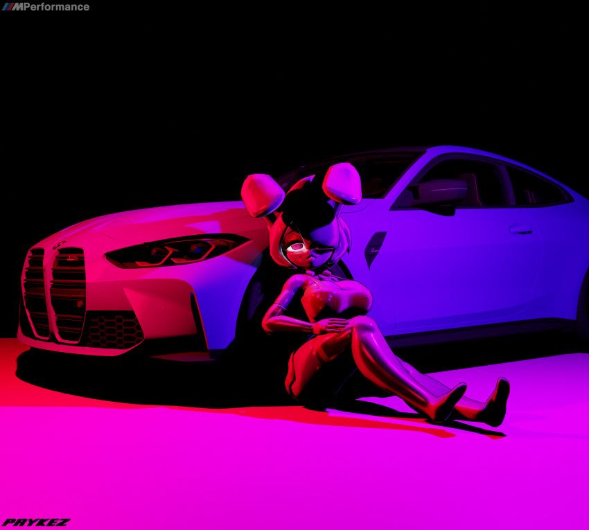 2022 3d_(artwork) absurd_res anthro bmw bonnie_(cally3d) bonnie_(fnaf) bow_tie car clothing coupe digital_media_(artwork) female five_nights_at_freddy's fredina's_nightclub fur hair hi_res lagomorph legwear leporid mammal motor_vehicle overalls purple_body purple_fur purple_hair rabbit red_eyes scottgames sheeple3d sitting solo stockings vehicle