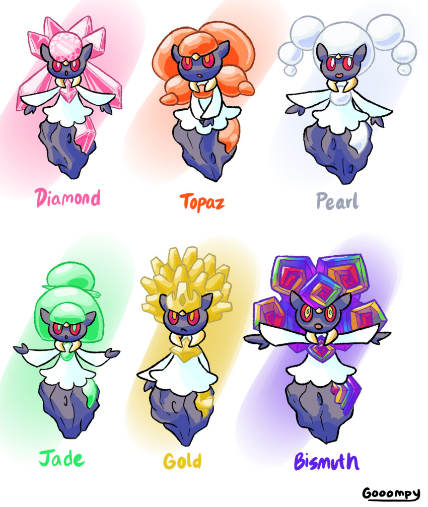 :o bismuth commentary creature diamond_(gemstone) diancie english_commentary english_text frown full_body gen_6_pokemon gold gooompy highres jade_(gemstone) no_humans open_arms pokemon pokemon_(creature) serious simple_background topaz_(gemstone) white_background