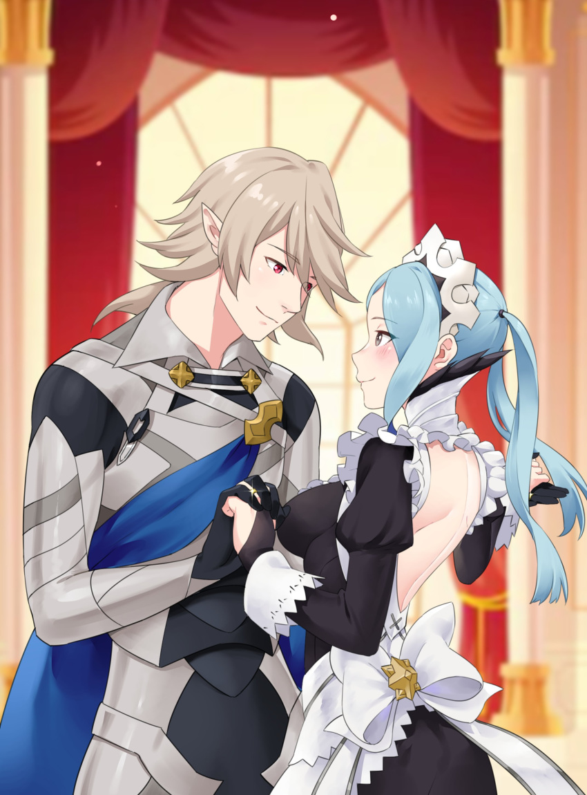 1boy absurdres apron armor back back_bow backless_dress backless_outfit black_dress black_gloves blue_cape blue_hair blush bow breasts bridal_gauntlets cape closed_mouth commentary commission corrin_(fire_emblem) corrin_(male)_(fire_emblem) couple curtains dress english_commentary female fire_emblem fire_emblem_fates flora_(fire_emblem) gloves grey_eyes grey_hair highres holding_hands igni_tion indoors jewelry juliet_sleeves large_breasts long_sleeves looking_at_another maid_apron maid_headdress puffy_sleeves red_curtains red_eyes ring short_hair smile straight twintails waist_apron wedding_ring white_apron