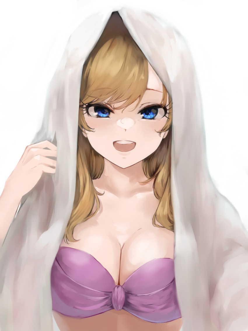 absurdres bad_id bad_twitter_id bikini blonde_hair blue_eyes blush breasts cleavage collarbone female highres idolmaster idolmaster_cinderella_girls lamp_p9 looking_at_viewer medium_breasts ohtsuki_yui pink_bikini round_teeth simple_background smile solo swimsuit teeth towel towel_on_head underwear upper_body white_towel