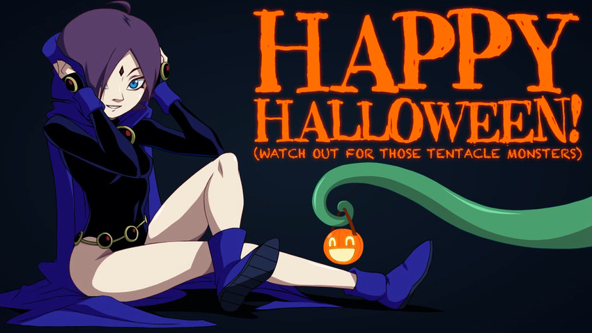 ahoge belt blue_eyes boots cloak dc_comics female forehead_jewel gem halloween hood jack-o'-lantern lemmy_(zone) leotard light_smile looking_at_viewer purple_hair raven_(dc) raven_(dc)_(cosplay) teen_titans tentacle truth zone zone-tan