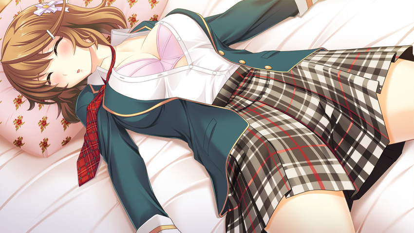 bed blush bra breasts brown_hair cleavage closed_eyes female game_cg highres kaen_miso large_breasts lying nee-chan_mou_dechau_yo! open_clothes open_mouth open_shirt pillow school_uniform shirt short_hair skirt sleeping underwear