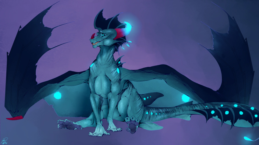 2018 aquatic_dragon blue_body blue_scales digital_media_(artwork) dragon feral glowing glowing_body glowing_scales grin hi_res horn marine membrane_(anatomy) membranous_wings mollish mythological_creature mythological_scalie mythology red_body red_scales scales scalie simple_background sitting smile solo spines teeth wings