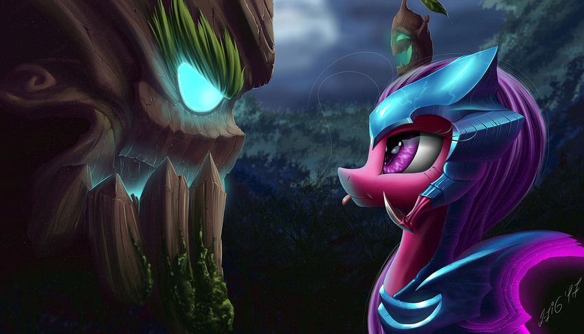 2017 ambiguous_gender armor blue_eyes detailed_background duo elemental_creature equid equine female feral flora_fauna fur glowing glowing_eyes hair hasbro hi_res horse league_of_legends mammal maokai_(lol) my_little_pony pink_body pink_fur plant ponification pony purple_eyes purple_hair rek'sai_(lol) riot_games tencent tongue treant tree void_monster xer'sai zigword