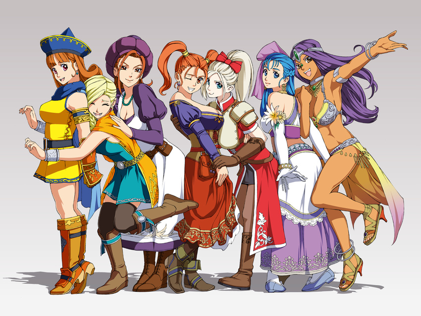 6+girls :d alena_(dq4) ankle_boots arm_hug armlet armor armored_dress bianca_(dq5) blonde_hair blue_eyes blue_hair boots bow bracelet braid breasts brown_eyes brown_footwear brown_hair cape choker circlet cleavage commentary_request curly_hair dancer's_costume_(dq) dark-skinned_female dark_skin dragon_quest dragon_quest_heroes dragon_quest_iv dragon_quest_v dragon_quest_viii dress earrings elbow_gloves flora_(dq5) gloves hair_between_eyes hair_over_shoulder hairbow hat highres hug jessica_albert jewelry julietta_(dqh) knee_boots large_breasts loincloth long_hair looking_at_viewer looking_back manya_(dq4) masayan_(minor-ms) meer_(dqh) midriff multiple_girls necklace no_legwear one_eye_closed open_mouth orange_hair outstretched_arm pantyhose pelvic_curtain photoshop_(medium) ponytail purple_eyes purple_hair purple_shirt red_eyes shirt short_dress short_twintails single_braid smile thighhighs twintails yellow_footwear