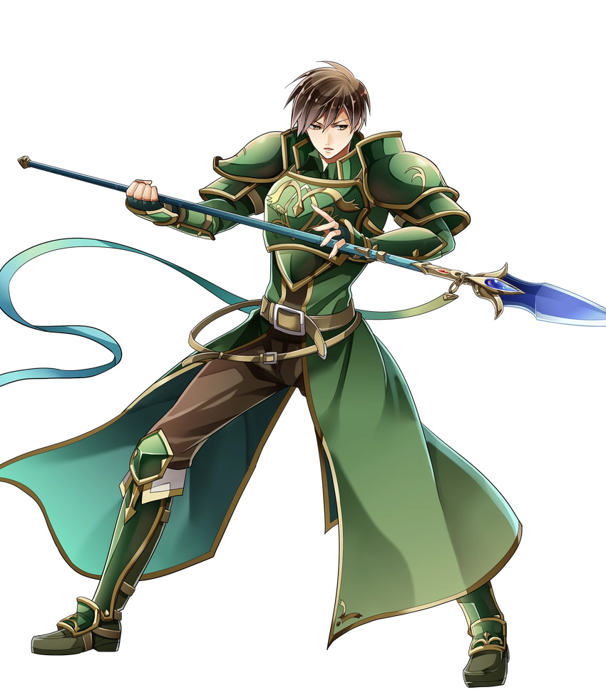 1boy arm_guards armor armored_boots boots brown_eyes brown_hair commentary_request fingerless_gloves fire_emblem fire_emblem:_mystery_of_the_emblem fire_emblem_heroes full_body gloves green_armor highres holding itagaki_hako male_focus official_art pauldrons polearm roderick_(fire_emblem) scar shoulder_armor solo spear transparent_background weapon