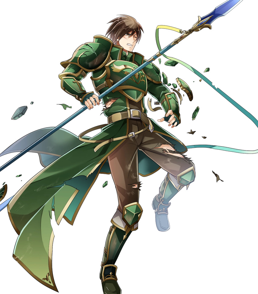 1boy arm_guards armor armored_boots boots broken_armor brown_eyes brown_hair commentary_request fingerless_gloves fire_emblem fire_emblem:_mystery_of_the_emblem fire_emblem_heroes full_body gloves green_armor highres holding itagaki_hako male_focus official_art pauldrons polearm roderick_(fire_emblem) scar shoulder_armor solo spear torn_clothes transparent_background weapon