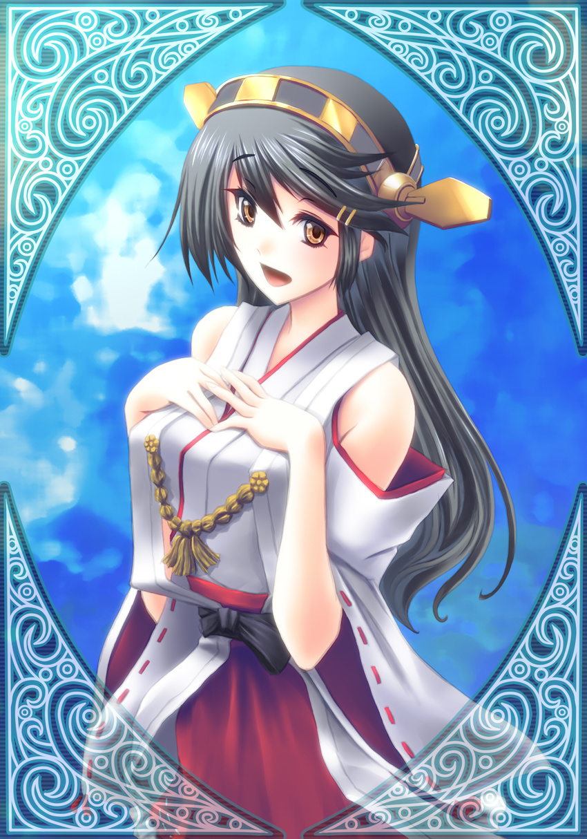 aoki_chibe bare_shoulders black_hair blush breasts commentary_request detached_sleeves female hairband hands_on_own_chest haruna_(kancolle) highres japanese_clothes kantai_collection long_hair medium_breasts nontraditional_miko open_mouth skirt smile solo yellow_eyes