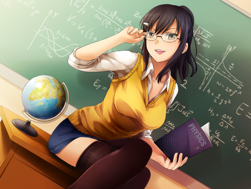 adjusting_eyewear adjusting_hair aiko_yumi black_hair black_thighhighs book breasts chalkboard classroom collared_shirt crossed_legs desk dutch_angle female game_cg glasses globe grey_eyes hair_ornament hairclip highres holding holding_book hunie_(series) huniepop indoors lace lace-trimmed_legwear lace_trim long_hair looking_at_viewer math medium_breasts miniskirt ninamo non-web_source on_desk open_book open_mouth pencil_skirt rimless_eyewear shirt sitting skirt sleeves_pushed_up smile solo sweater_vest taut_clothes teacher thighhighs white_shirt wing_collar zettai_ryouiki