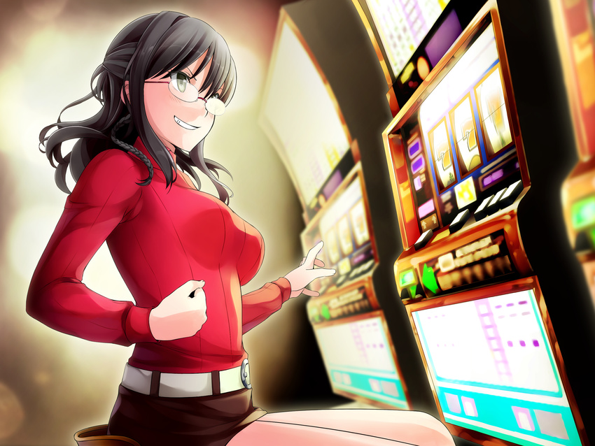 aiko_yumi belt black_hair breasts casino clenched_hand female fist_pump gambling game_cg glasses grey_eyes grin highres hunie_(series) huniepop indoors long_hair medium_breasts ninamo non-web_source pencil_skirt rimless_eyewear skirt slot_machine smile solo white_belt