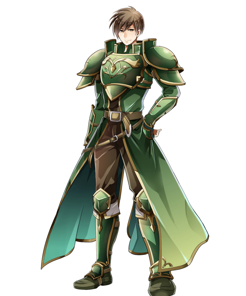 1boy arm_guards armor armored_boots boots brown_eyes brown_hair commentary_request fingerless_gloves fire_emblem fire_emblem:_mystery_of_the_emblem fire_emblem_heroes full_body gloves green_armor hand_on_own_hip highres holding itagaki_hako looking_at_viewer male_focus official_art pauldrons polearm roderick_(fire_emblem) scar shoulder_armor smile solo spear torn_clothes transparent_background weapon