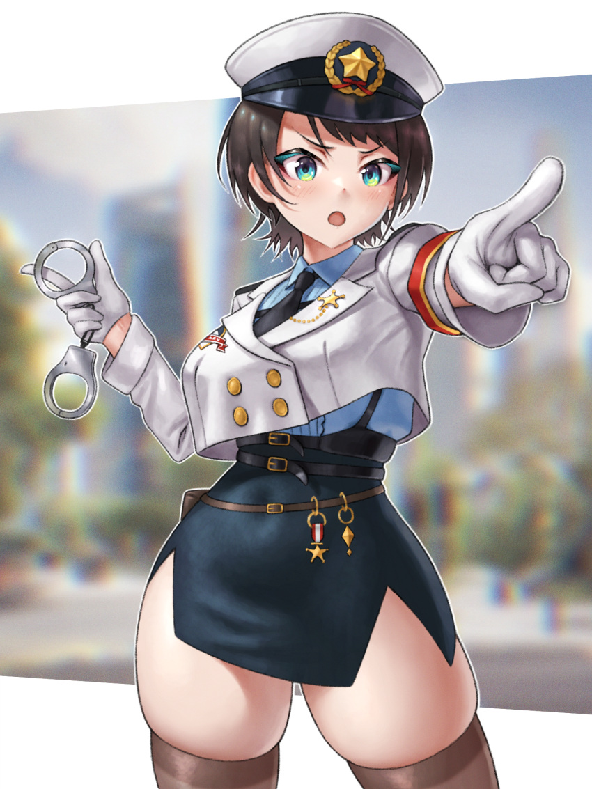 :o aqua_eyes armband belt belt_pouch black_belt black_necktie black_skirt blue_shirt blurry blurry_background brown_belt brown_hair brown_thighhighs buttons center_frills chest_harness collared_shirt commentary covered_navel cropped_jacket cuffs double-breasted english_commentary female frills gloves gold_buttons handcuffs harness hat high-waist_skirt highres holding holding_handcuffs hololive jacket letterboxed medal necktie official_alternate_costume oozora_subaru oozora_subaru_(8th_costume) open_mouth outstretched_arm peaked_cap pencil_skirt pointing pointing_forward police police_hat police_uniform pouch shirt shirt_tucked_in short_hair side_slit skirt skylock standing swept_bangs thick_thighs thighhighs thighs v-shaped_eyebrows virtual_youtuber white_background white_gloves white_hat white_jacket