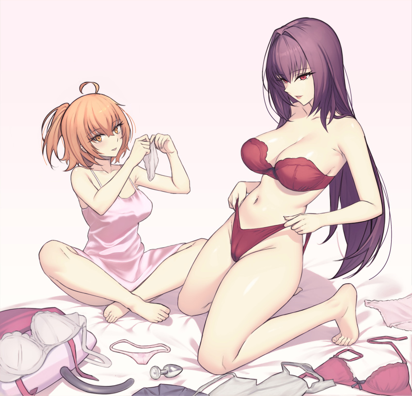 2girls ahoge bare_shoulders barefoot blush bra breasts butt_plug cameltoe camisole cleavage dildo dynamitenatalia fate/grand_order fate_(series) fujimaru_ritsuka_(female) hair_between_eyes hair_intakes highres holding holding_panties holding_underwear holding_unworn_clothes kneeling large_breasts long_hair looking_at_viewer medium_breasts multiple_girls navel one_side_up open_mouth orange_eyes orange_hair panties pink_camisole purple_hair red_bra red_eyes red_panties scathach_(fate) sex_toy short_hair side_ponytail sitting smile strapless strapless_bra thighs type-moon underwear underwear_only unworn_bra unworn_panties very_long_hair