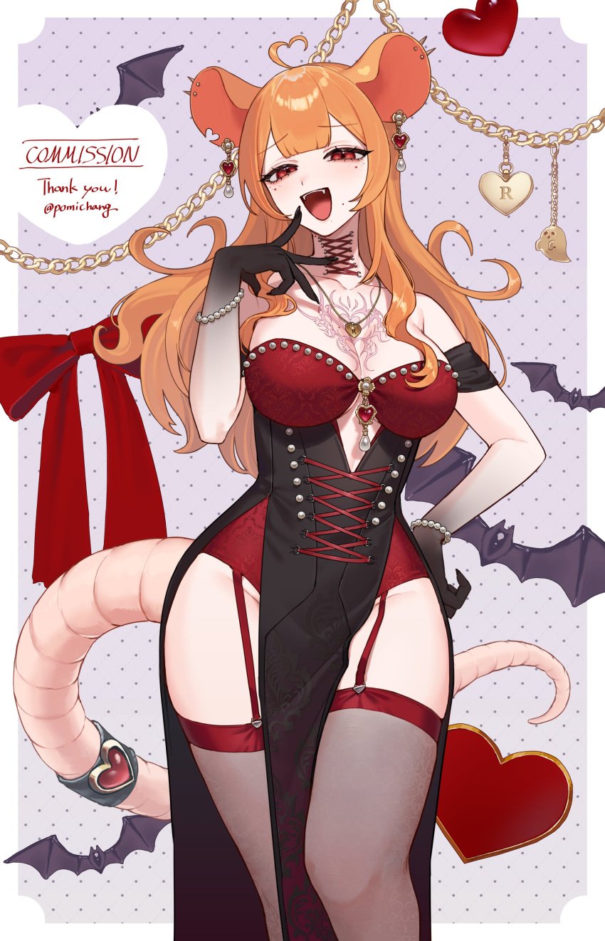 absurdres ahoge animal_ears bat_(animal) black_dress black_skin breasts chest_tattoo colored_skin commission corset_piercing cross-laced_clothes dress earrings female garter_straps half-closed_eyes hand_on_own_hip heart heart_ahoge highres jewelry long_hair medium_breasts mole mole_under_mouth mouse_ears mouse_girl mouse_tail multicolored_skin necklace orange_hair original pomichang red_eyes solo tail tail_ornament tail_ring tattoo thighhighs two-tone_skin