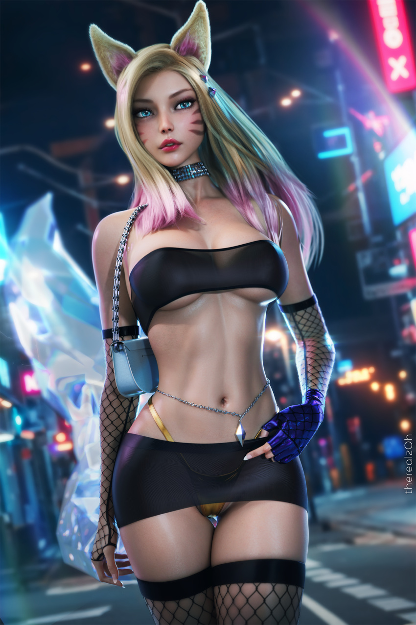 3d ahri_(league_of_legends) animal_ears artist_name bandeau belly_chain black_bandeau black_gloves black_skirt black_thighhighs blonde_hair blue_eyes blurry blurry_background breasts cameltoe city crystal_tail dutch_angle eyeshadow facial_mark female fingerless_gloves fishnet_gloves fishnet_thighhighs fishnets fox_ears fox_girl fox_tail gloves gold_panties hair_ornament highleg highleg_panties highres jewelry k/da_(league_of_legends) k/da_all_out_ahri large_breasts league_of_legends long_hair looking_at_viewer makeup microskirt multicolored_hair navel night outdoors panties pink_hair purple_gloves red_lips see-through_clothes see-through_skirt silver_choker single_fingerless_glove skirt solo tail thigh_gap thighhighs two-tone_hair underboob underwear whisker_markings zoh