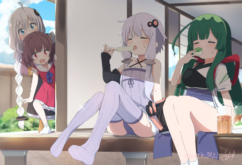 4girls absurdres ahoge black_hair blue_eyes braid closed_eyes criss-cross_halter cup detached_sleeves dress drinking_glass eating food green_hair hair_ornament halterneck highres holding holding_food holding_popsicle hot iced_tea kizuna_akari long_hair multiple_girls muneate open_mouth outdoors panties peeking_out popsicle porch purple_hair purple_panties purple_thighhighs red_eyes sechin single_braid sitting socks sunlight sweatdrop tea thighhighs tongue touhoku_kiritan touhoku_zunko twitter_username underwear voiceroid white_hair yuzuki_yukari