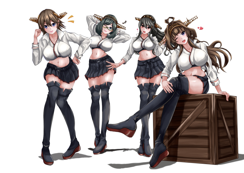 4girls absurdres arms_behind_head arms_up black_hair black_skirt blue_eyes boots box breasts brown_eyes brown_hair crop_top cropped_jacket flipped_hair full_body glasses green-framed_eyewear grey_eyes hair_between_eyes hair_ornament hairband hairclip hand_up haruna_(kancolle) haruna_(race_queen)_(kancolle) haruna_kai_ni_(kancolle) headgear heart hiei_(kancolle) hiei_(race_queen)_(kancolle) hiei_kai_ni_(kancolle) highres jacket kantai_collection kirishima_(kancolle) kirishima_(race_queen)_(kancolle) kirishima_kai_ni_(kancolle) kongou_(kancolle) kongou_(race_queen)_(kancolle) kongou_kai_ni_(kancolle) large_breasts long_hair midriff miniskirt multiple_girls navel official_alternate_costume one_eye_closed pleated_skirt popped_collar race_queen short_hair sitting skirt smile standing thigh_boots very_long_hair white_jacket yasakae_(coumin_c)