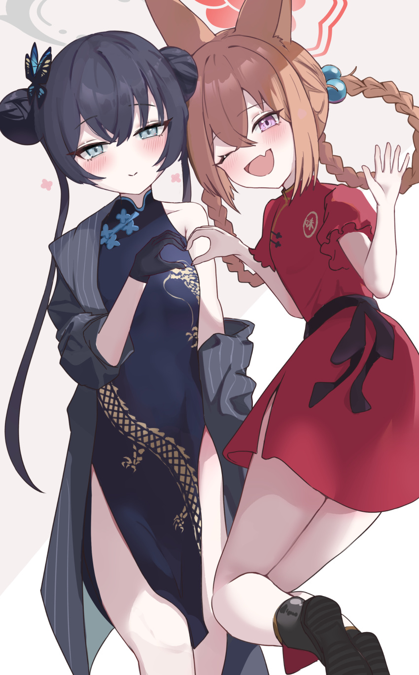 2girls absurdres aged_down animal_ears black_dress black_footwear black_gloves black_hair black_sash blue_archive blush braid braided_hair_rings brown_hair butterfly_hair_ornament china_dress chinese_clothes coat commentary_request crossed_bangs double_bun dress flat_chest fox_ears fox_girl gloves grey_coat grey_eyes grey_halo hair_between_eyes hair_bun hair_ornament hair_rings halo heart heart_hands heart_hands_duo highres kisaki_(blue_archive) looking_at_viewer multiple_girls nekoplanetouo oerba_yun_fang one_eye_covered open_clothes open_coat purple_eyes red_dress red_halo rumi_(blue_archive) rumi_(small)_(blue_archive) sash sidelocks simple_background skin_fang sleeveless sleeveless_dress smile striped_clothes striped_dress thighs twintails vertical-striped_clothes vertical-striped_dress white_background