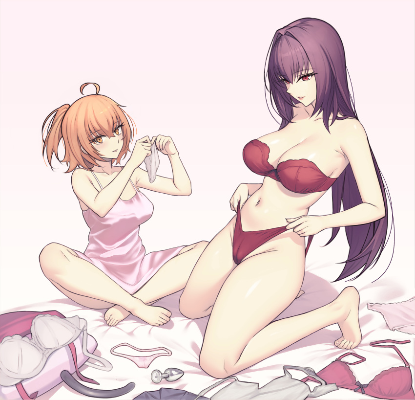 2girls absurdres ahoge bare_shoulders barefoot blush bra breasts butt_plug cameltoe camisole cleavage dildo dynamitenatalia fate/grand_order fate_(series) fujimaru_ritsuka_(female) hair_between_eyes hair_intakes highres holding holding_panties holding_underwear holding_unworn_clothes kneeling large_breasts long_hair looking_at_viewer medium_breasts multiple_girls navel one_side_up open_mouth orange_eyes orange_hair panties pink_camisole purple_hair red_bra red_eyes red_panties revision scathach_(fate) sex_toy short_hair side_ponytail sitting smile strapless strapless_bra thighs type-moon underwear underwear_only unworn_bra unworn_panties very_long_hair