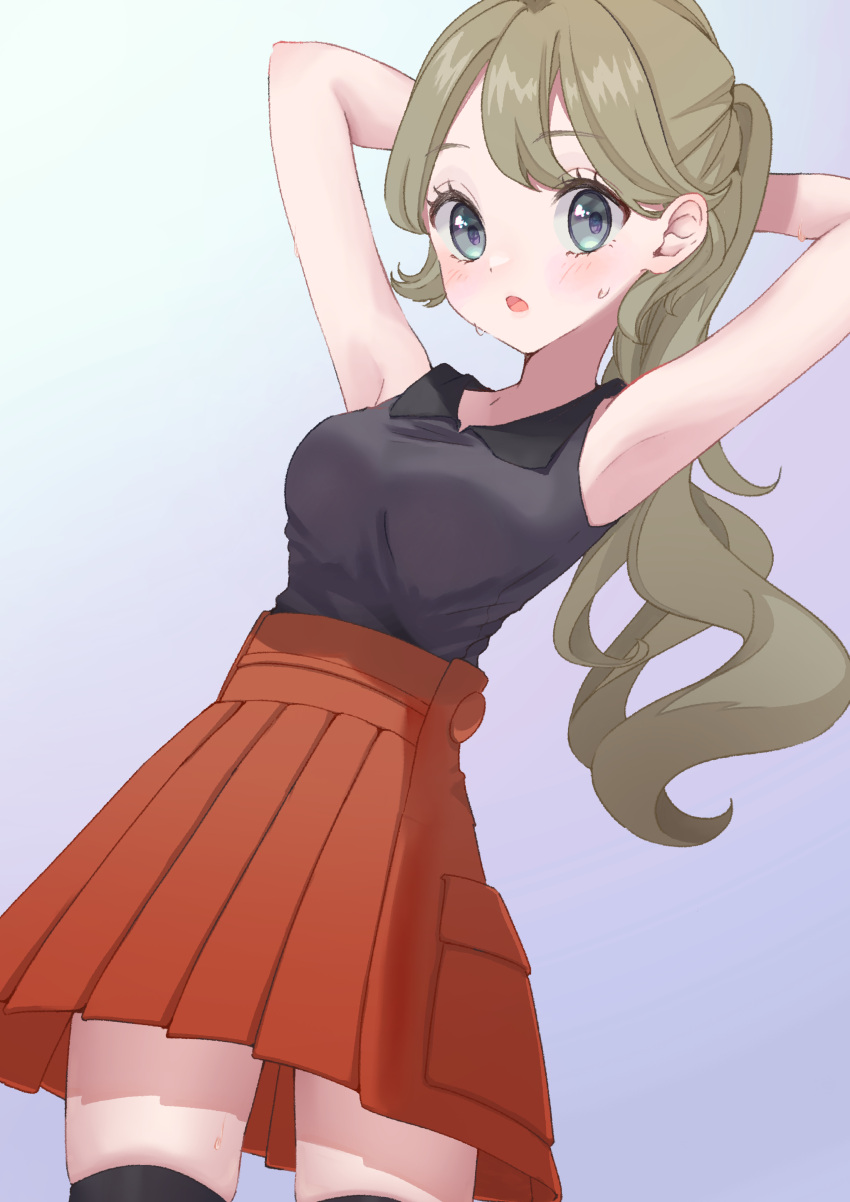 :o absurdres armpits arms_behind_head black_thighhighs collared_shirt commentary_request eyelashes female grey_background grey_eyes highres long_hair open_mouth pleated_skirt pokemon pokemon_xy ponytail serena_(pokemon) shima_koushi shirt skirt sleeveless solo sweat thighhighs