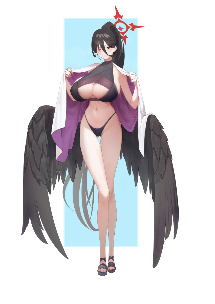 absurdres alternate_costume bikini black_bikini black_hair black_wings blue_archive breasts bunpil cleavage cleavage_cutout clothing_cutout commentary_request feathered_wings female full_body halo hasumi_(blue_archive) highleg highleg_bikini highres huge_breasts large_wings long_bangs long_hair looking_at_viewer low_wings mole mole_under_eye partial_commentary ponytail red_halo sandals simple_background solo swimsuit towel towel_around_neck white_background wings