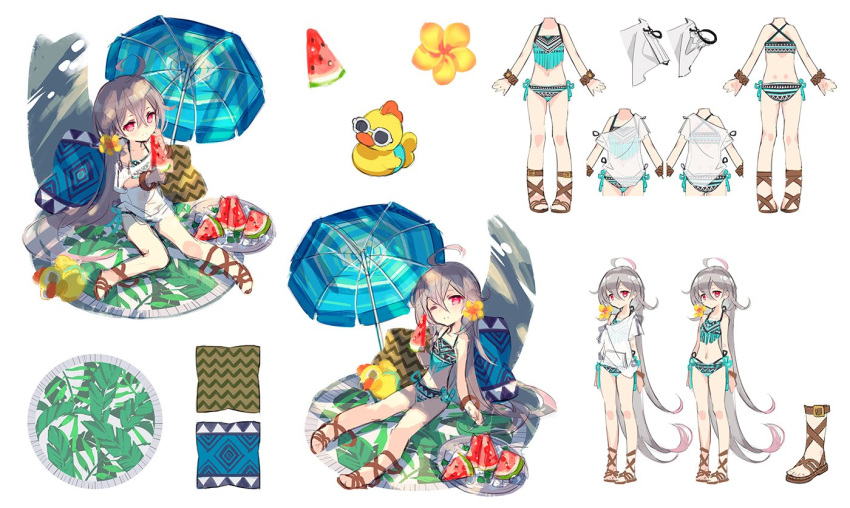 aged_down ahoge bikini bikini_bottom_only brown_footwear commentary_request female food from_behind full_body grey_hair holding_watermelon laevateinn_(phantom_of_the_kill) long_hair no_socks official_alternate_costume official_art one_eye_closed parasol phantom_of_the_kill popsicle red_eyes reference_sheet rubber_duck sandals second-party_source shibuhiko side-tie_bikini_bottom simple_background sitting standing straight-on sunglasses swimsuit umbrella watermelon_bar white_background