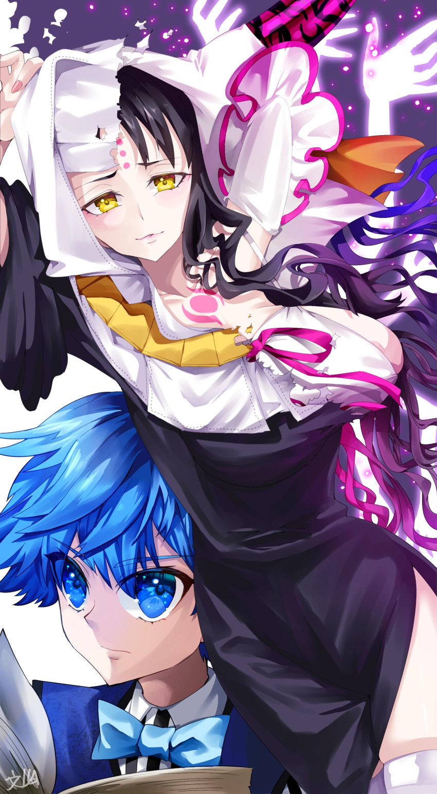 1boy absurdres black_dress black_hair blue_eyes blue_hair blue_vest book bow bowtie breasts chest_tattoo collarbone dress facial_mark fate/extra fate/extra_ccc fate/grand_order fate_(series) female forehead_mark fumizuki_kazuhito ghost_hands habit hans_christian_andersen_(fate) highres horns jewelry large_breasts long_hair long_sleeves looking_at_viewer necklace nun parted_bangs parted_lips sessyoin_kiara short_hair side_slit sideboob smile tattoo thighhighs thighs veil very_long_hair vest wavy_hair white_thighhighs wide_sleeves yellow_eyes