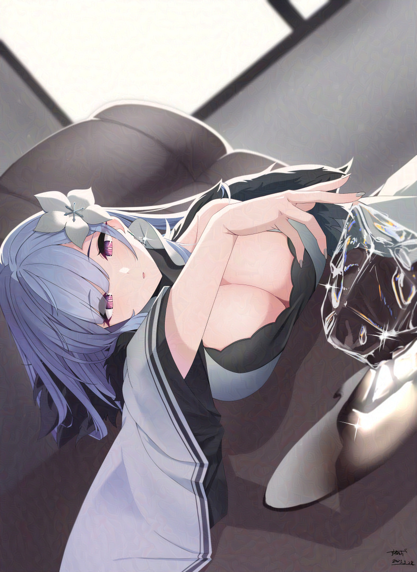 absurdres artist_name azur_lane bare_shoulders blue_hair breast_rest breasts breasts_on_table chair cleavage coat collarbone earrings female flower fur-trimmed_coat fur_trim hair_flower hair_ornament hand_up highres ice ice_cube indoors jewelry large_breasts long_hair looking_ahead melting open_mouth purple_eyes solo sunebu_(snake_boo2) table voroshilov_(azur_lane) wide_sleeves window