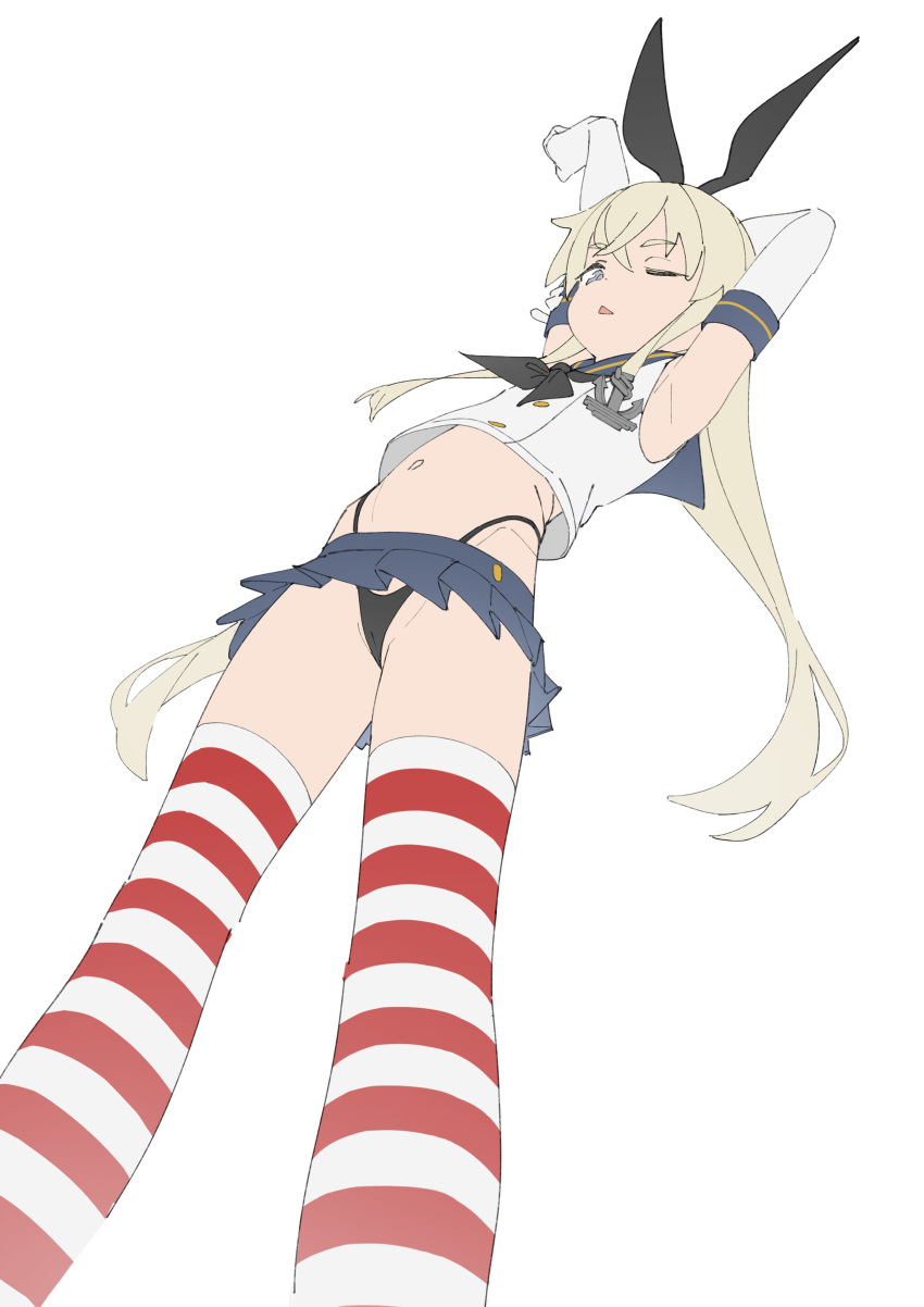 absurdres anchor_hair_ornament black_hairband black_neckerchief black_panties blonde_hair blue_sailor_collar blue_skirt crop_top elbow_gloves feet_out_of_frame female from_below gloves grey_eyes hair_ornament hairband highleg highleg_panties highres kantai_collection long_hair microskirt miniskirt neckerchief one_eye_closed panties parted_hair pleated_skirt ri-el sailor_collar shimakaze_(kancolle) shirt simple_background skirt sleeveless sleeveless_shirt solo standing stretching striped_clothes striped_thighhighs thighhighs underwear white_background white_gloves