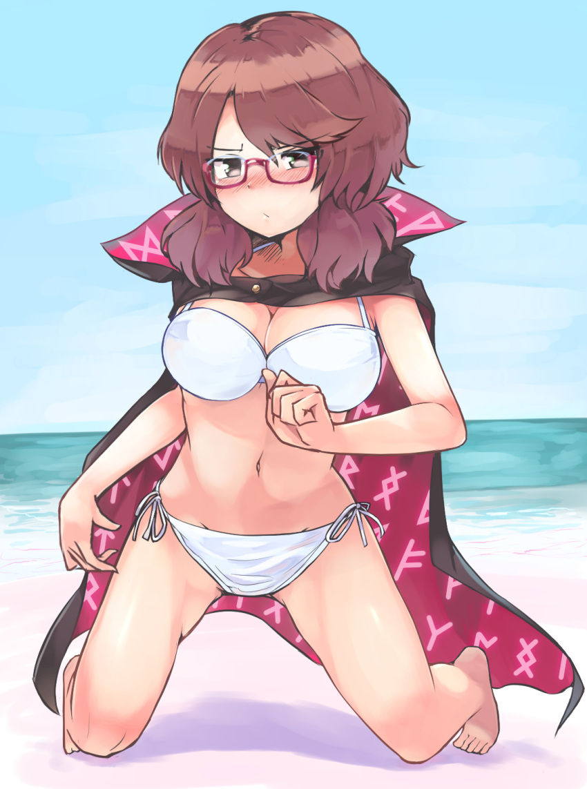 barefoot beach bikini black_cape blush breasts brown_eyes brown_hair cape cleavage commentary_request day female ginnkei glasses highres kneeling large_breasts looking_at_viewer low_twintails navel ocean outdoors red_cape runes scowl short_hair side-tie_bikini_bottom sky solo swimsuit touhou twintails usami_sumireko white_bikini