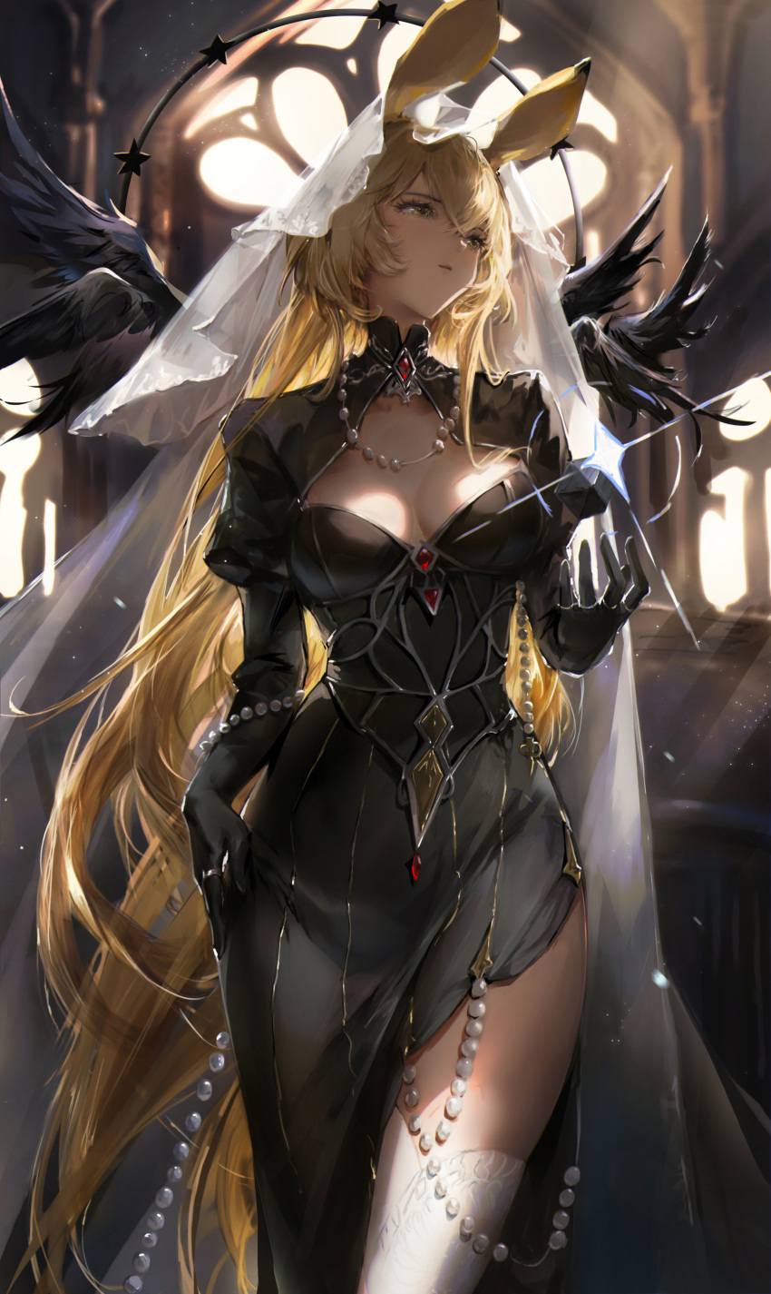 absurdres animal_ears arknights black_dress black_gloves blonde_hair breasts commentary_request cowboy_shot dorothy_(arknights) dorothy_(hand_of_destiny)_(arknights) dress female gloves highres indoors jewelry long_hair medium_breasts mouse_ears necklace pearl_necklace sishima solo standing thighhighs veil very_long_hair white_thighhighs