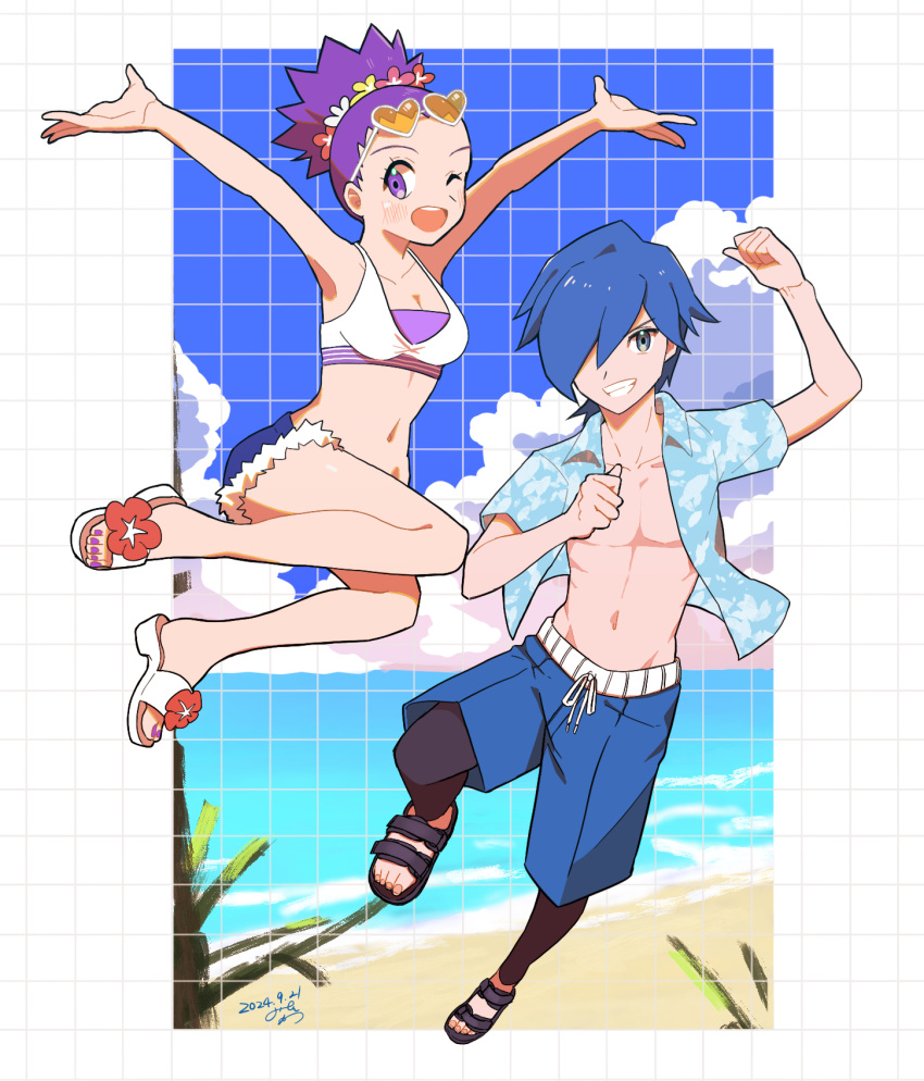 1boy ;d alternate_costume arm_up black_leggings blue_hair blue_shorts breasts cleavage clenched_hand cloud commentary_request day eyelashes falkner_(pokemon) female flower footwear_flower fur-trimmed_shorts fur_trim grin hair_over_one_eye highres janine_(pokemon) leggings nail_polish one_eye_closed open_clothes open_mouth open_shirt outdoors pokemon pokemon_hgss purple_eyes purple_hair purple_nails sand sandals shirt shore short_hair shorts sky smile teeth toenail_polish toenails upper_teeth_only wajou-uruha water