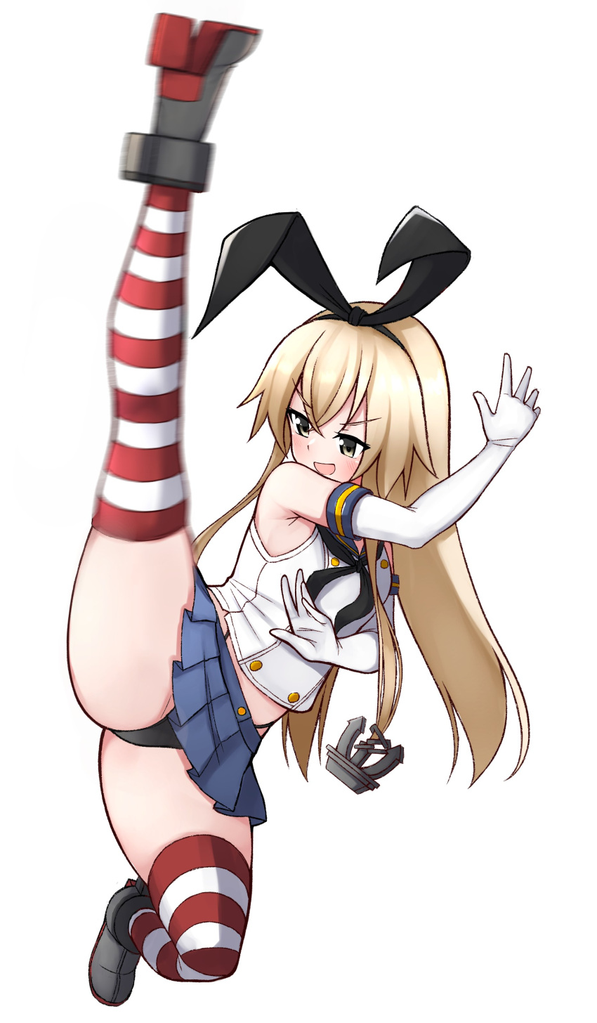 absurdres anchor_hair_ornament black_hairband black_neckerchief black_panties blonde_hair blue_sailor_collar blue_skirt crop_top elbow_gloves female full_body gloves grey_eyes hair_ornament hairband high_kick highleg highleg_panties highres kantai_collection kicking long_hair microskirt miniskirt motion_blur neckerchief panties pleated_skirt sailor_collar shimakaze_(kancolle) shirt simple_background skirt sleeveless sleeveless_shirt smile solo split striped_clothes striped_thighhighs thighhighs tiemu_(man190) underwear white_background white_gloves