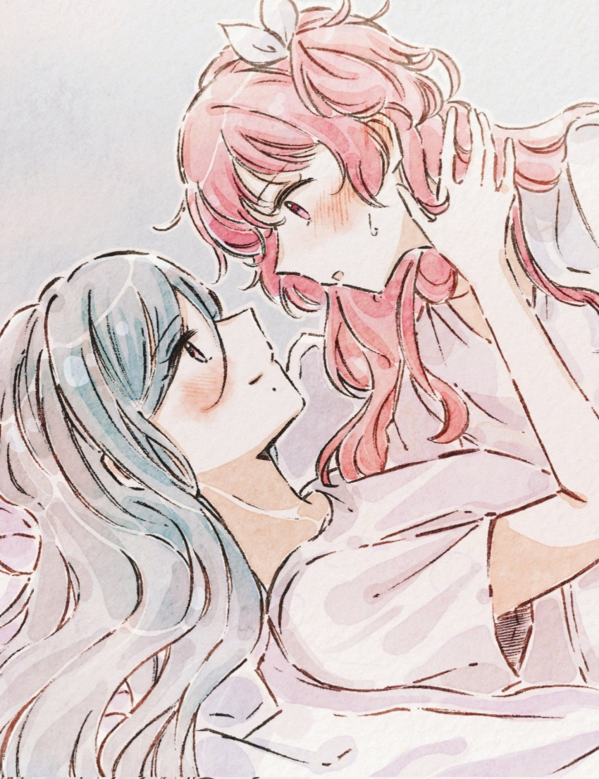 2girls 6ccb20 blue_hair blush closed_mouth commentary eye_contact hand_on_another's_neck highres hinomori_shizuku long_hair looking_at_another mole mole_under_mouth momoi_airi multiple_girls parted_lips pink_eyes pink_hair project_sekai shirt short_sleeves smile sweat symbol-only_commentary upper_body watercolor_effect white_shirt yuri