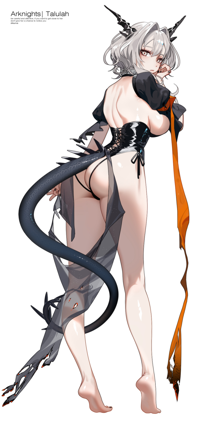 animal_ears arknights ass bare_back barefoot black_corset black_panties breasts closed_mouth corset dot_nose dragon_ears dragon_girl dragon_horns dragon_tail female grey_eyes grey_hair highres horns large_breasts legs looking_at_viewer medium_hair ohkurrva panties playboy_bunny simple_background solo tail talulah_(arknights) thighs tiptoes underwear white_background